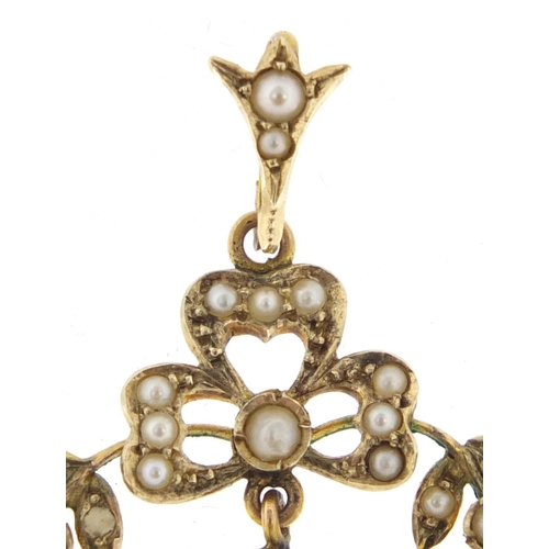 2632 - Art Nouveau 9ct gold amethyst and seed pearl pendant, 3.5cm in length, approximate weight 3.3g