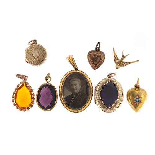 2658 - Antique and later pendants and lockets some set with assorted stones including turquoise and seed pe... 