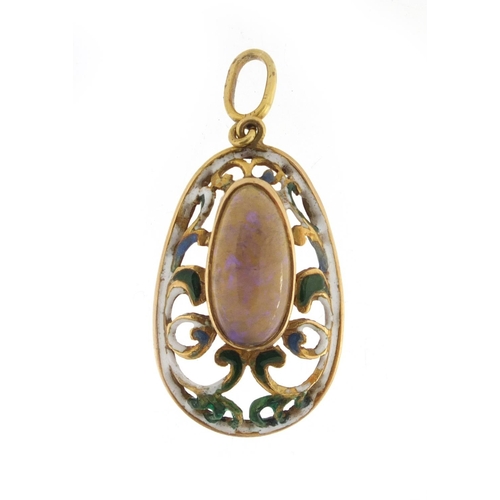 2652 - Continental unmarked gold cabochon opal and enamel pendant, 3.9cm in length, approximate weight 4.4g