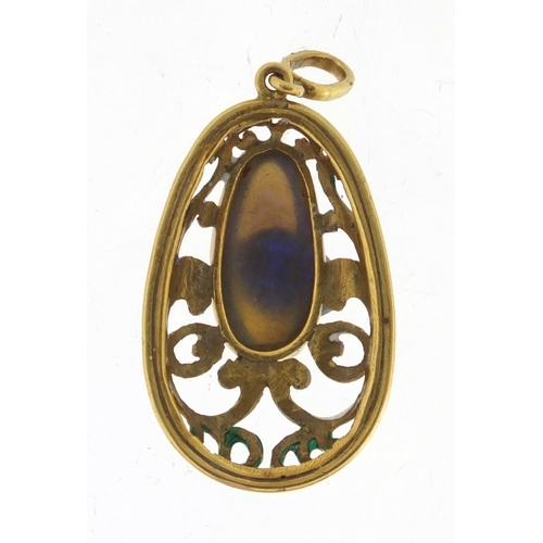 2652 - Continental unmarked gold cabochon opal and enamel pendant, 3.9cm in length, approximate weight 4.4g
