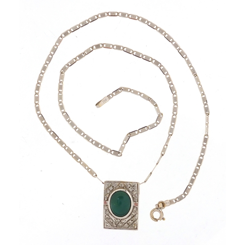 653 - 18ct white gold cabochon jade and diamond pendant, on a 18ct white gold necklace, the pendant 1.7cm ... 