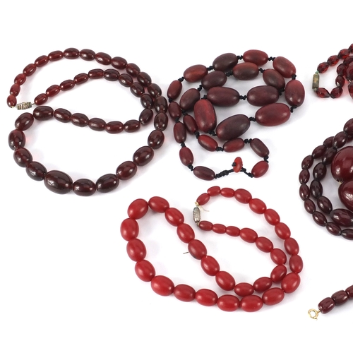 767 - Ten amber coloured bead necklaces, the largest 90cm in length, approximate weight 487.0g