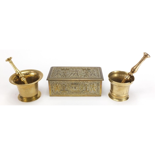 2324 - Metalware comprising two antique pestle and mortars, brass casket and an Art Nouveau brass crumb sco... 