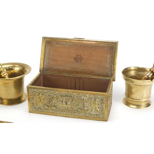 2324 - Metalware comprising two antique pestle and mortars, brass casket and an Art Nouveau brass crumb sco... 