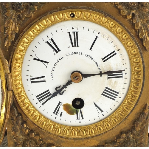 2260 - French three piece gilt brass mantel clock garniture, the mantel clock with lion mask handles and en... 