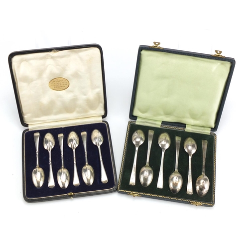 2602 - Two  sets of six silver teaspoons, Sheffield and London hallmarks, with fitted boxes, the largest 11... 