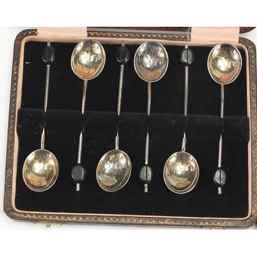 2609 - Three sets of six silver coffee bean spoons, with fitted boxes, Birmingham and Sheffield hallmarks, ... 
