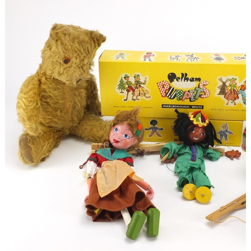 2293 - Three Pelham puppets a golden straw filled teddy bear and two clockwork animals