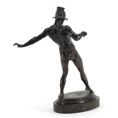 4 - R Abraham - Patinated bronze model of a Grecian Warrior, raised on an oval marble base, 33cm high