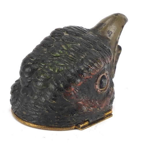11 - 19th century cold painted bronze birds head stamp box, 7.5cm in length