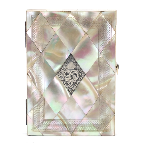 39 - Victorian mother of pearl concertina calling card case, with silver cartouche, 11cm x 7.6cm