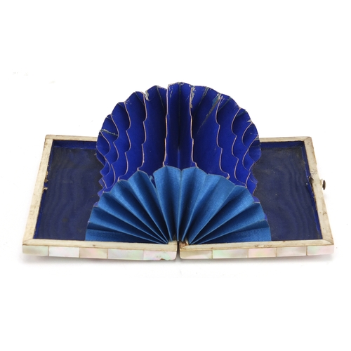 39 - Victorian mother of pearl concertina calling card case, with silver cartouche, 11cm x 7.6cm