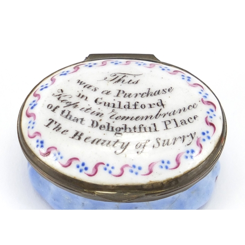 48 - Late 18th century Bilston enamel patch box, the hinged lid with mirrored back inscribed 'This was a ... 