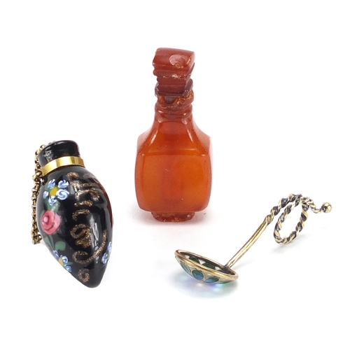 52 - Objects comprising an amber scent bottle and stopper, Venetian Millefiori glass scent bottle and a c... 