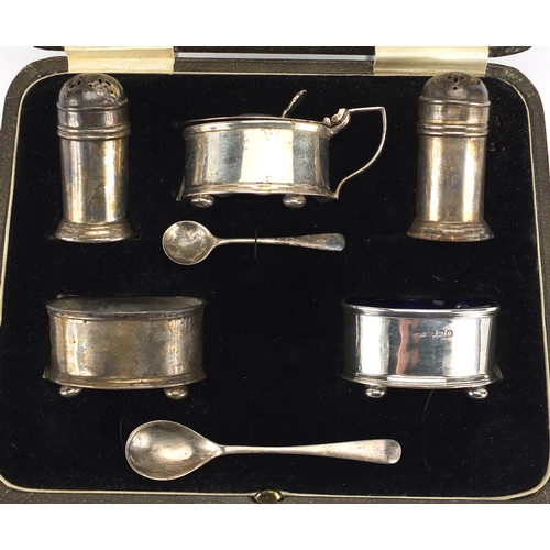 619 - Silver five piece cruet by Docker & Burn Limited of Birmingham, housed in a fitted tooled leather bo... 