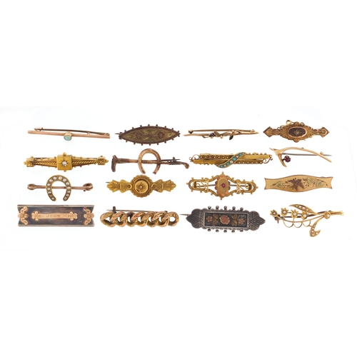 665 - Sixteen Victorian gold and silver bar brooches, some set with diamonds, ruby's, turquoise and seed p... 