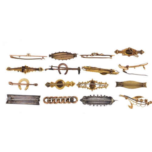 665 - Sixteen Victorian gold and silver bar brooches, some set with diamonds, ruby's, turquoise and seed p... 
