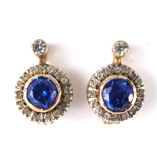 751 - Pair of continental gold, blue and clear stone earrings, indistinct impressed marks, 1.4cm in length... 