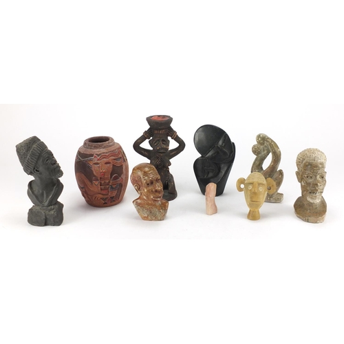 535 - Stoneware busts and African tribal art including Nigerian busts and a terracotta vase