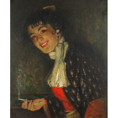 877 - Female holding a cigarette, oil on board, bearing an indistinct signature, framed, 59cm x 48.5cm