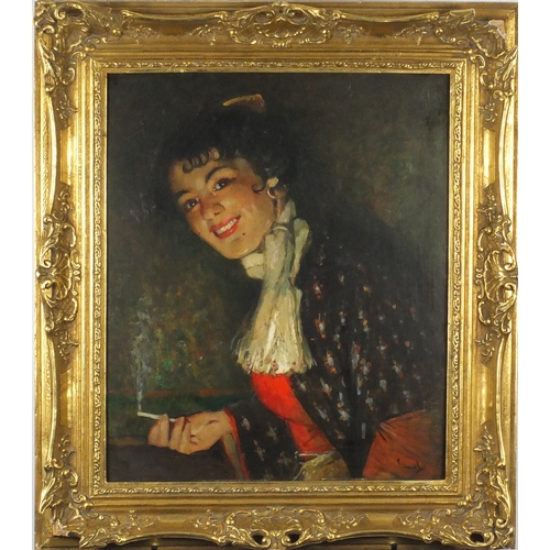877 - Female holding a cigarette, oil on board, bearing an indistinct signature, framed, 59cm x 48.5cm