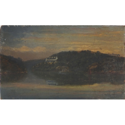 1004 - Oil onto board Country House overlooking a river, unframed, 47cm x 28cm
