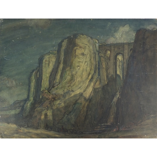 1005 - S Dennett Moss - Figures seated before chalk cliffs, watercolor on card, unframed, 61cm x 48cm
