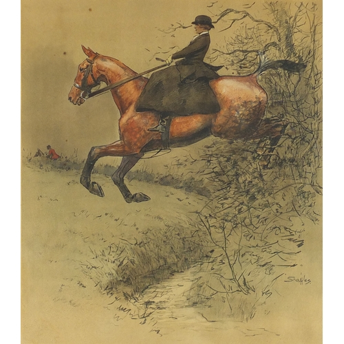 1022 - Charles 'Snaffles' Johnson Payne - Hunts woman on horseback, hand coloured print, mounted and framed... 