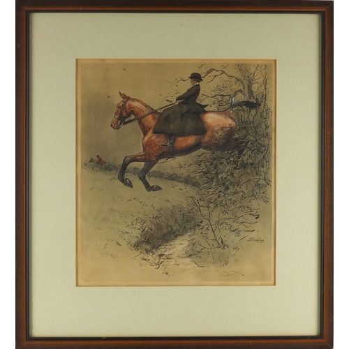 1022 - Charles 'Snaffles' Johnson Payne - Hunts woman on horseback, hand coloured print, mounted and framed... 