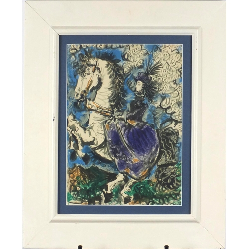 1021 - Pablo Picasso 1957 - Jacqueline on a white horse, lithograph in colour, mounted and framed, 35.5cm x... 