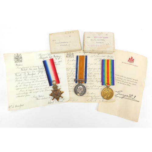 198 - British Military World War I trio with boxes of issue and paperwork, awarded to 2270PTE.R.CRAWFORD.7... 