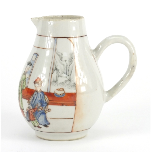 299 - Chinese porcelain sparrow beak jug, hand painted with three figures in an interior, 10.5cm high