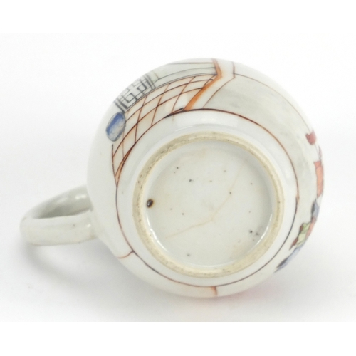 299 - Chinese porcelain sparrow beak jug, hand painted with three figures in an interior, 10.5cm high