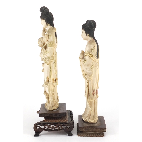 350 - Pair of Japanese part stained carved ivory okimono's of Geisha girls, each raised on carved hardwood... 