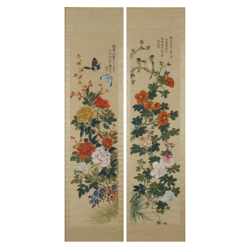 365 - Pair of Chinese watercolour on silks, hand painted with birds, butterflies and flowers, each with ca... 