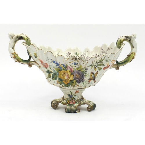 424 - Large 19th century Italian Majolica center piece with twin handles, by Gian Battista Viero, 42cm hig... 