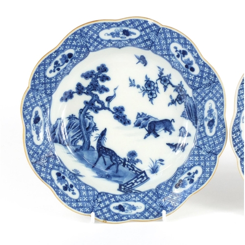 266 - Pair of 18th century Chinese blue and white porcelain shallow dishes, each hand painted with deer an... 