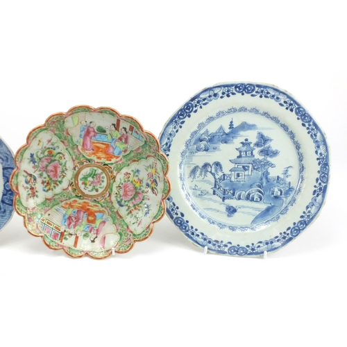 277 - Five Chinese porcelain plates and a blue and white leaf dish including a famille rose one thousand f... 