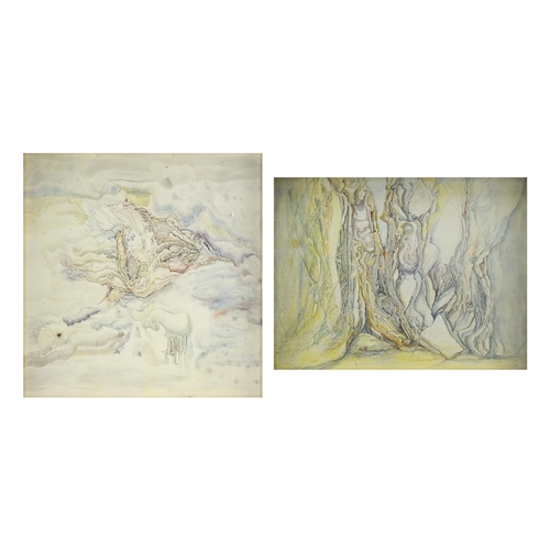 896 - Abstract compositions, surreal woodland, two watercolours, inscribed verso, framed, the largest 28cm... 