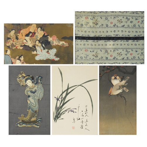 366 - Chinese and Japanese works of art including silk embroidery panel, woodblock print and watercolour o... 