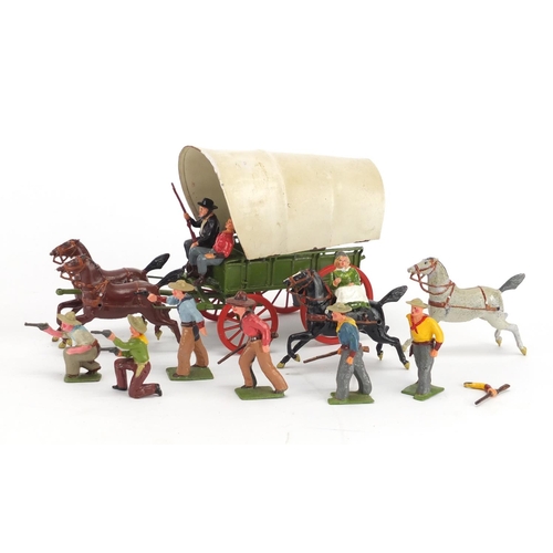 2284 - Britains hand painted lead Prairie Schooner with Pioneer wife and four horse team, with  later box