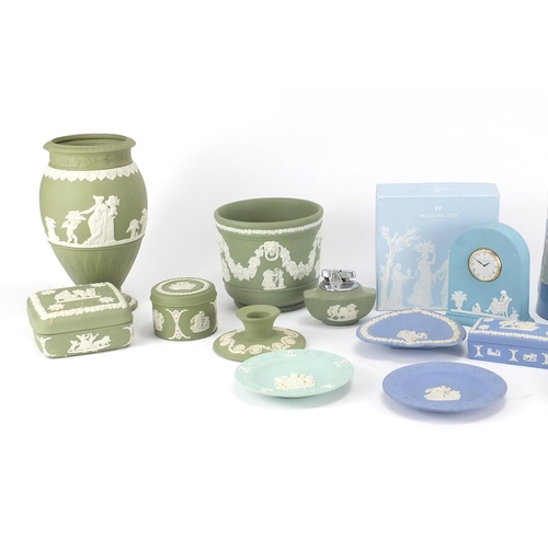 2326 - Predominantly Wedgwood Jasperware including a pedestal bowl, mantel clock with box and vases, the la... 