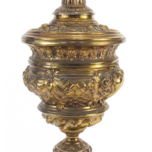 2313 - Ornate brass lamp with paw feet and shade, over all 77cm high