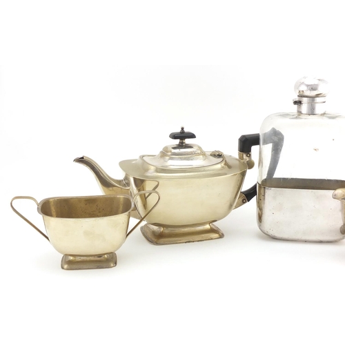 2248 - Over sized silver plated glass hip flask and a three piece silver plated tea set, the largest 21cm h... 