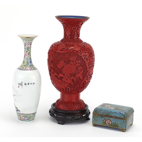 2366 - Chinese cinnabar lacquer vase, eggshell vase and a cloisonné box with hinged lid, the lacquered vase... 