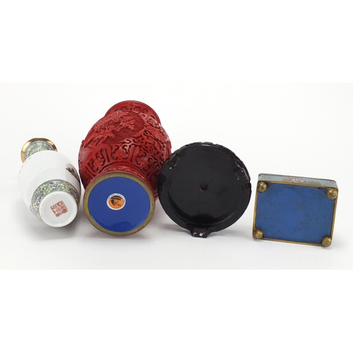 2366 - Chinese cinnabar lacquer vase, eggshell vase and a cloisonné box with hinged lid, the lacquered vase... 