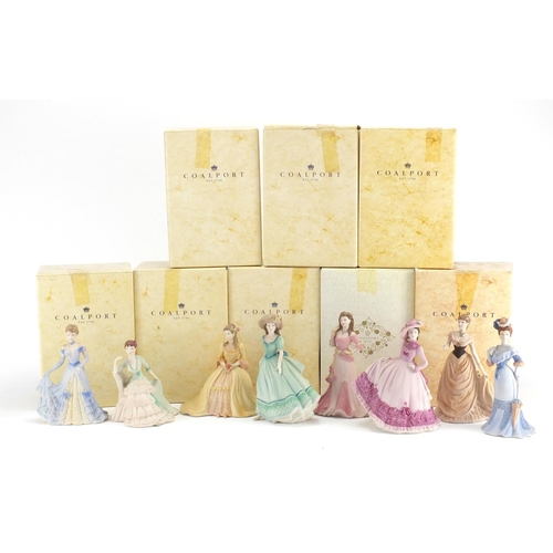 2415 - Eight Coalport Beau Monde figurines with boxes including Alexandera and Jill, the largest 14.5cm hig... 