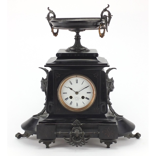 2331 - Victorian black slate mantel clock with bronze mounts, the enamel dial inscribed Pennett of Cheapsid... 