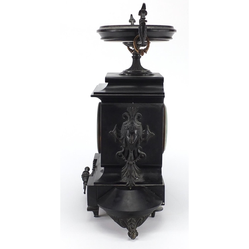 2331 - Victorian black slate mantel clock with bronze mounts, the enamel dial inscribed Pennett of Cheapsid... 