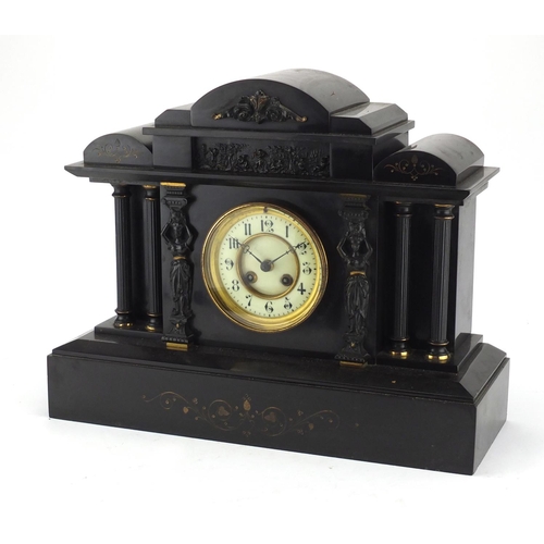 2165 - Victorian black slate marble mantel clock with architectural columns, the enamelled dial with Arabic... 